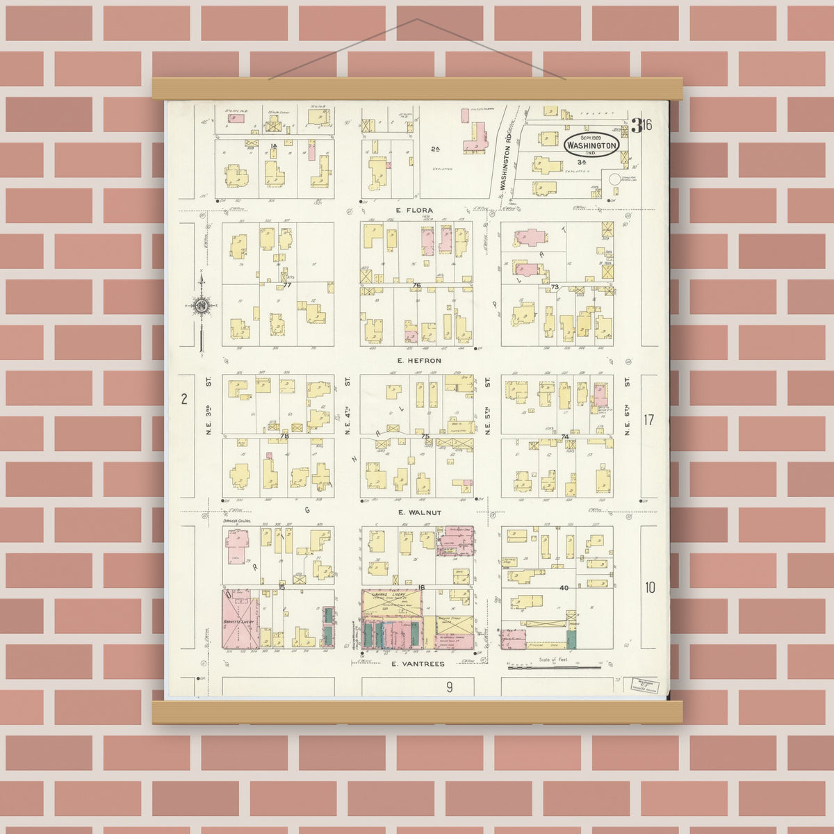 Old map wall art mockup — magnetic wood frame on brick wall — Sanborn Fire Insurance Map from Washington, Daviess County, Indiana (1909), Sheet #0003