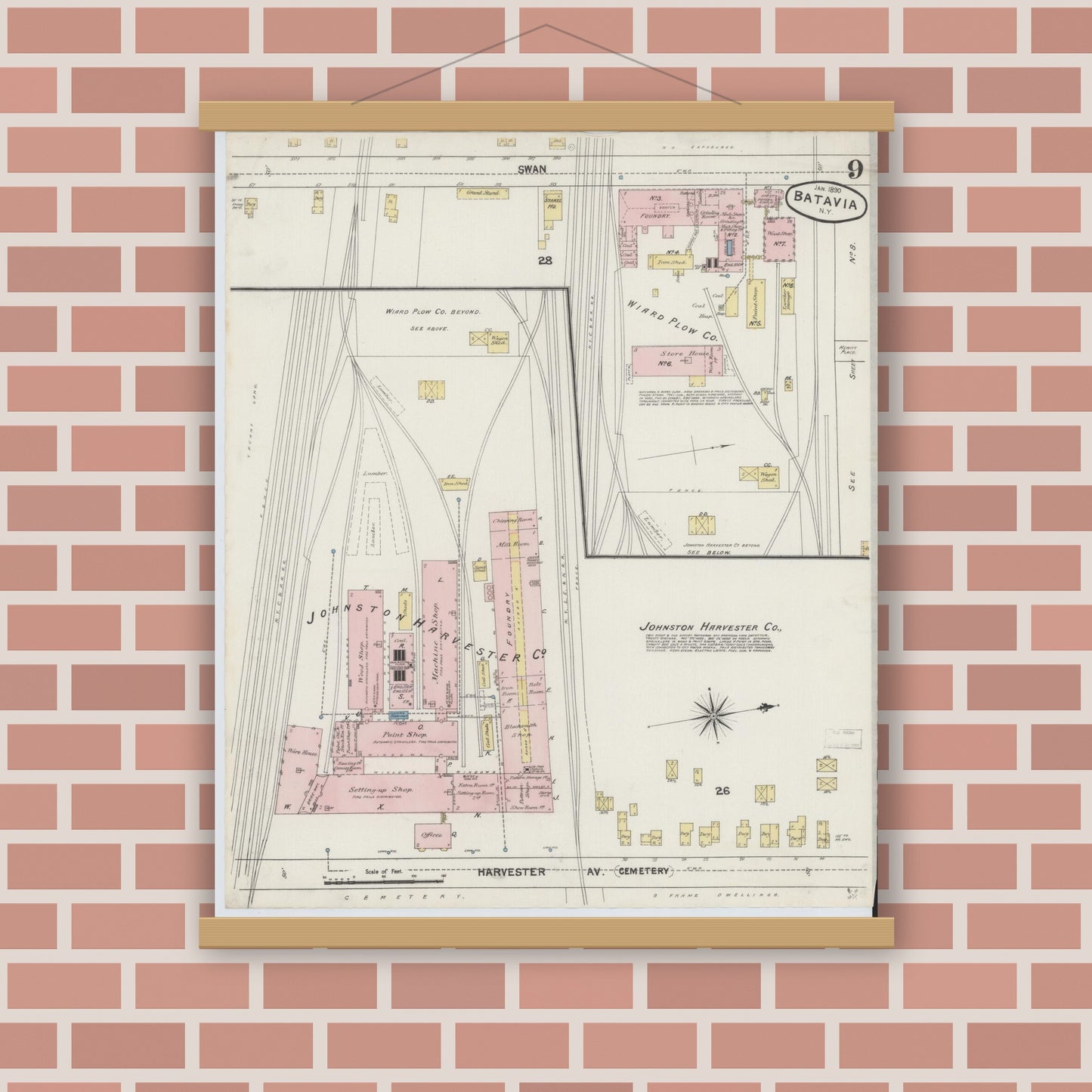 Old map wall art mockup — magnetic wood frame on brick wall — Sanborn Fire Insurance Map from Batavia, Genesee County, New York (1890), Sheet #0009