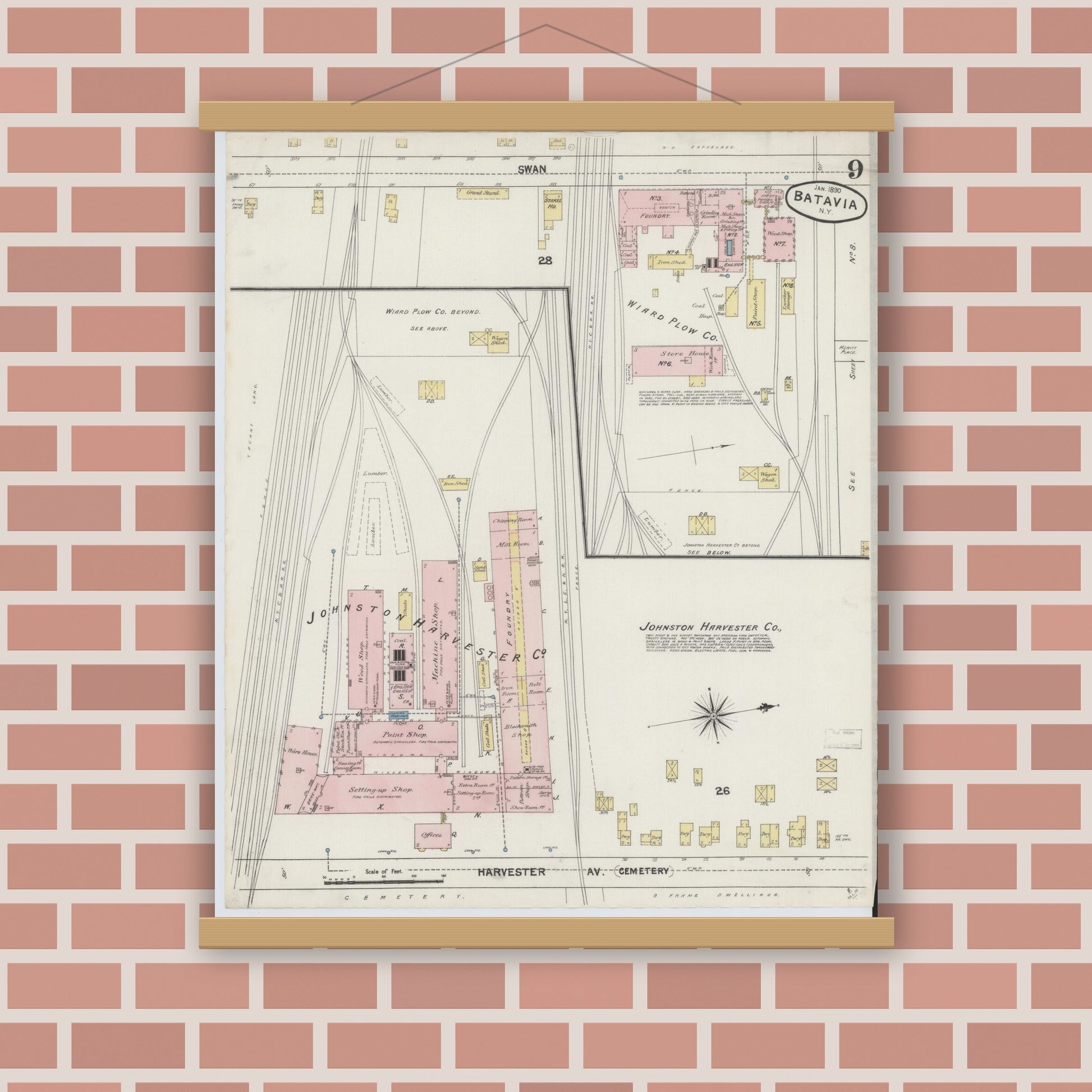 Old map wall art mockup — magnetic wood frame on brick wall — Sanborn Fire Insurance Map from Batavia, Genesee County, New York (1890), Sheet #0009