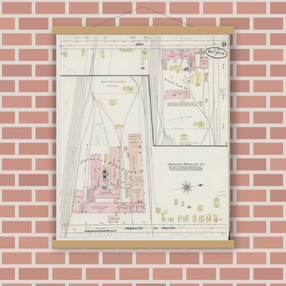 Old map wall art mockup — magnetic wood frame on brick wall — Sanborn Fire Insurance Map from Batavia, Genesee County, New York (1890), Sheet #0009