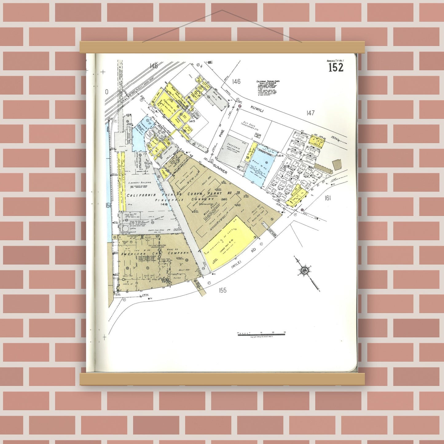 Old map wall art mockup — magnetic wood frame on brick wall — Sanborn Fire Insurance Map from Honolulu, Oahu County, Hawaii (1955), Sheet #0152