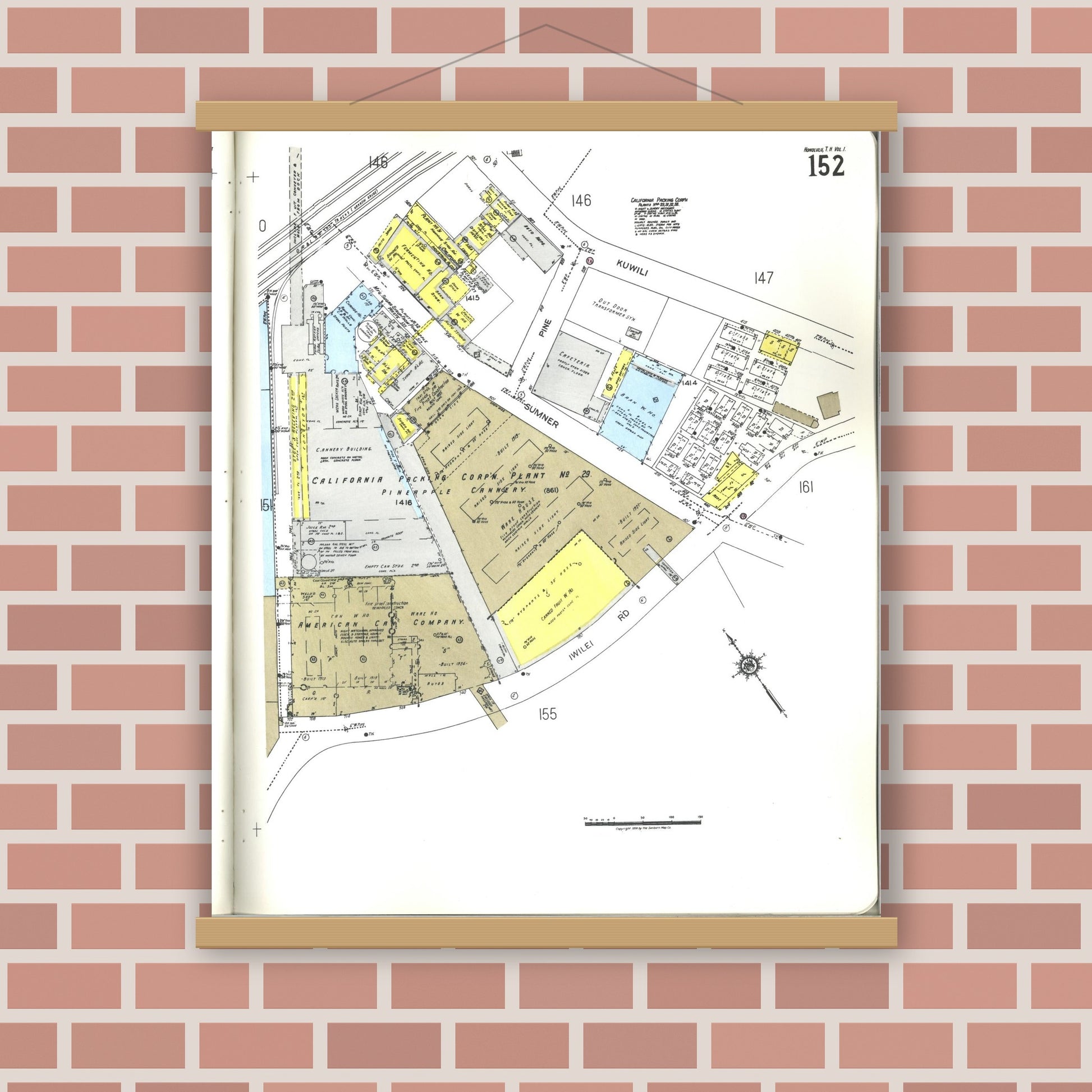 Old map wall art mockup — magnetic wood frame on brick wall — Sanborn Fire Insurance Map from Honolulu, Oahu County, Hawaii (1955), Sheet #0152