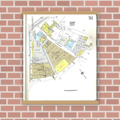 Old map wall art mockup — magnetic wood frame on brick wall — Sanborn Fire Insurance Map from Honolulu, Oahu County, Hawaii (1955), Sheet #0152
