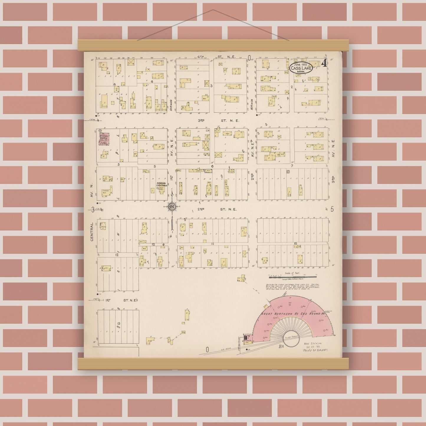 Old map wall art mockup — magnetic wood frame on brick wall — Sanborn Fire Insurance Map from Cass Lake, Cass County, Minnesota (1922), Sheet #0004
