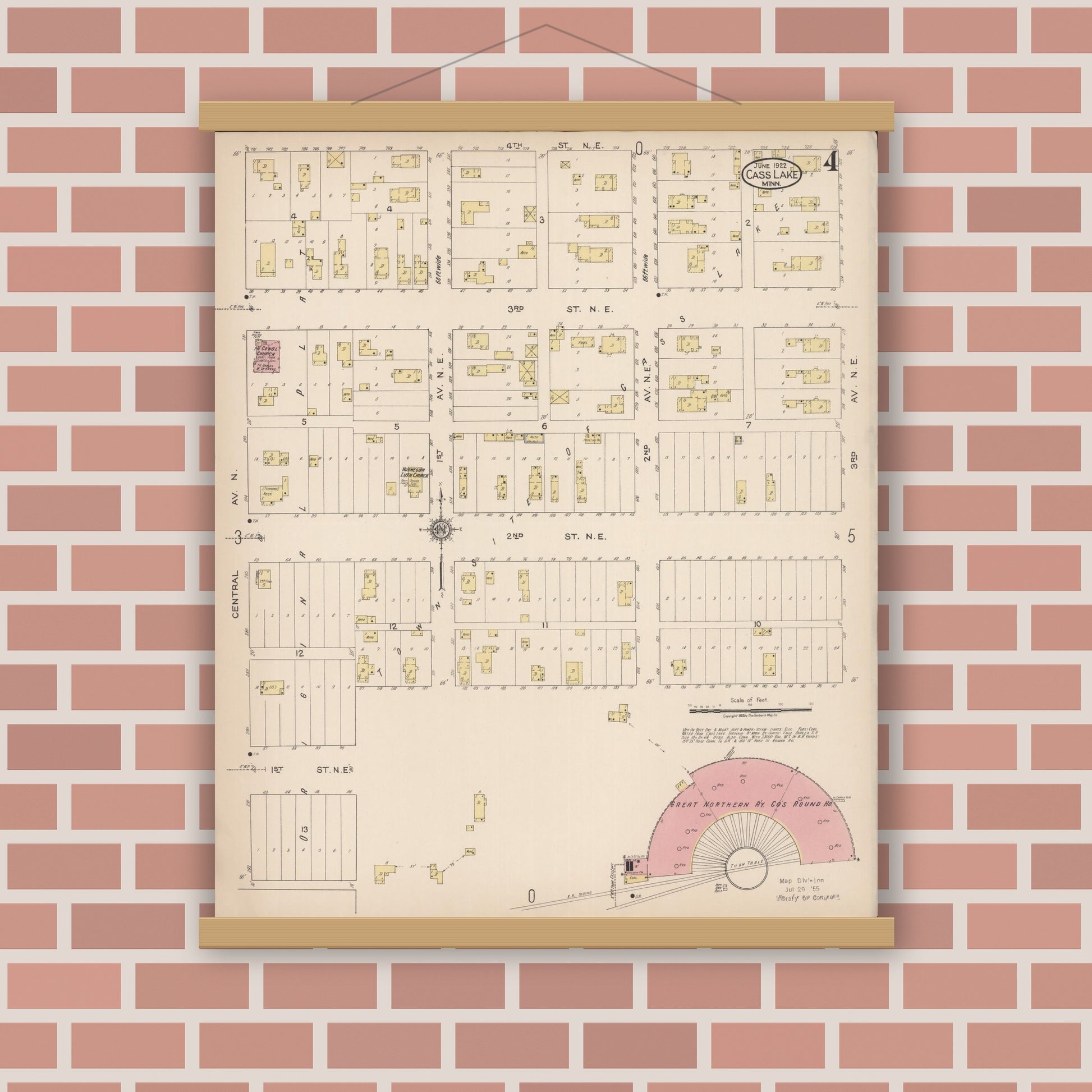 Old map wall art mockup — magnetic wood frame on brick wall — Sanborn Fire Insurance Map from Cass Lake, Cass County, Minnesota (1922), Sheet #0004