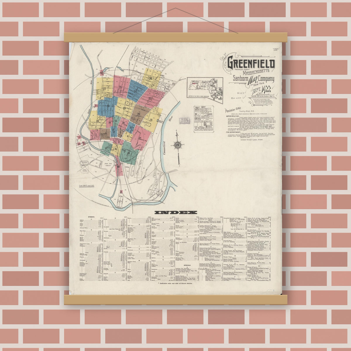Old map wall art mockup — magnetic wood frame on brick wall — Sanborn Fire Insurance Map from Greenfield, Franklin County, Massachusetts (1922) - Complete Map Set