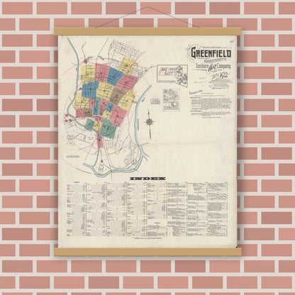 Old map wall art mockup — magnetic wood frame on brick wall — Sanborn Fire Insurance Map from Greenfield, Franklin County, Massachusetts (1922) - Complete Map Set