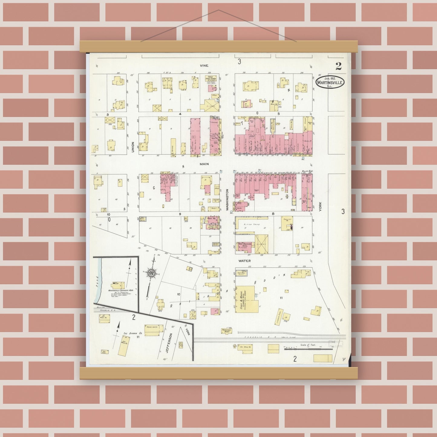 Old map wall art mockup — magnetic wood frame on brick wall — Sanborn Fire Insurance Map from Martinsville, Clark County, Illinois (1912), Sheet #0002