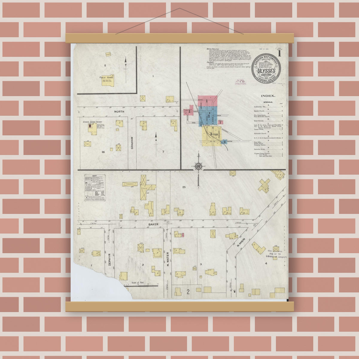 Old map wall art mockup — magnetic wood frame on brick wall — Sanborn Fire Insurance Map from Ulysses, Potter County, Pennsylvania (1911) - Complete Map Set