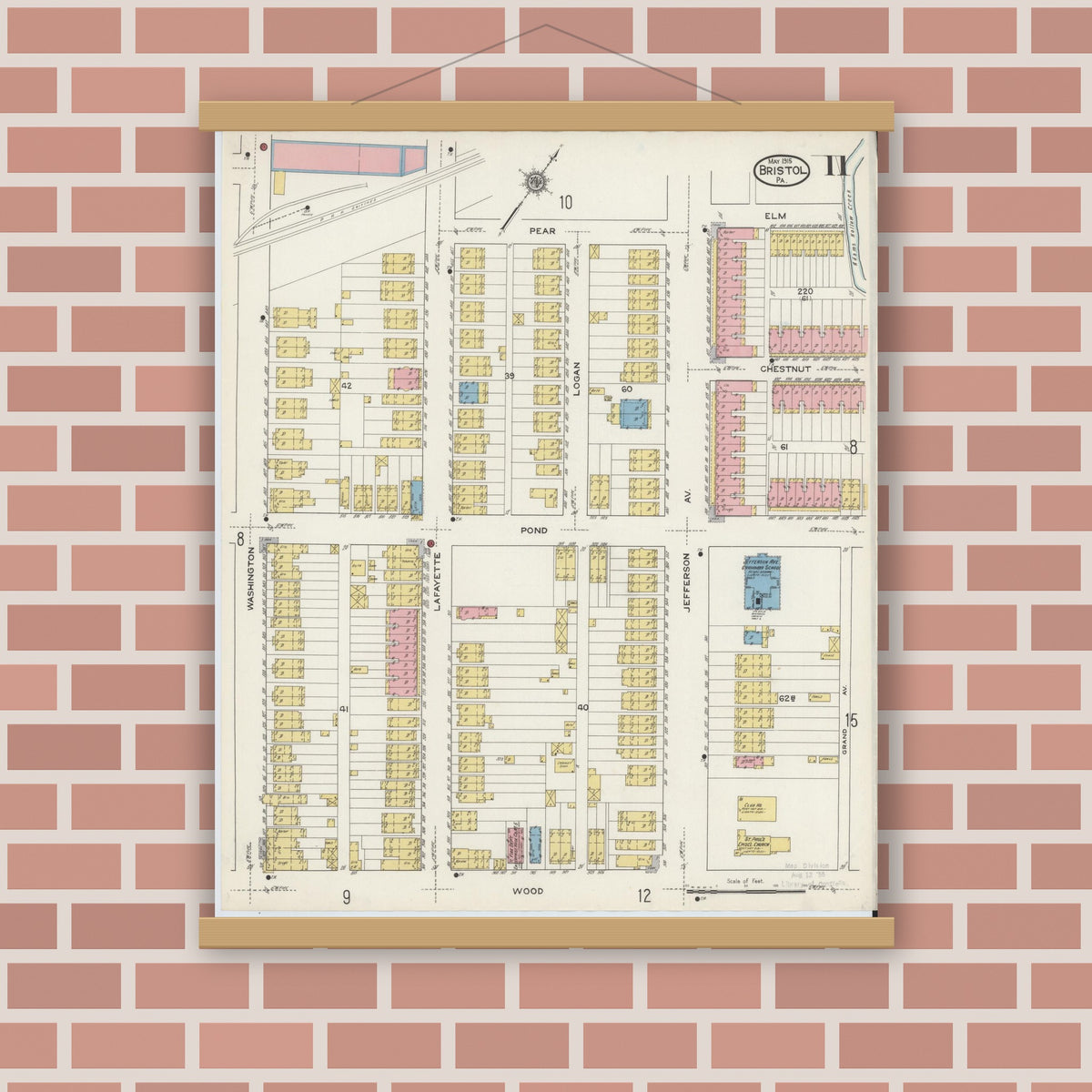 Old map wall art mockup — magnetic wood frame on brick wall — Sanborn Fire Insurance Map from Bristol, Bucks County, Pennsylvania (1915), Sheet #0011