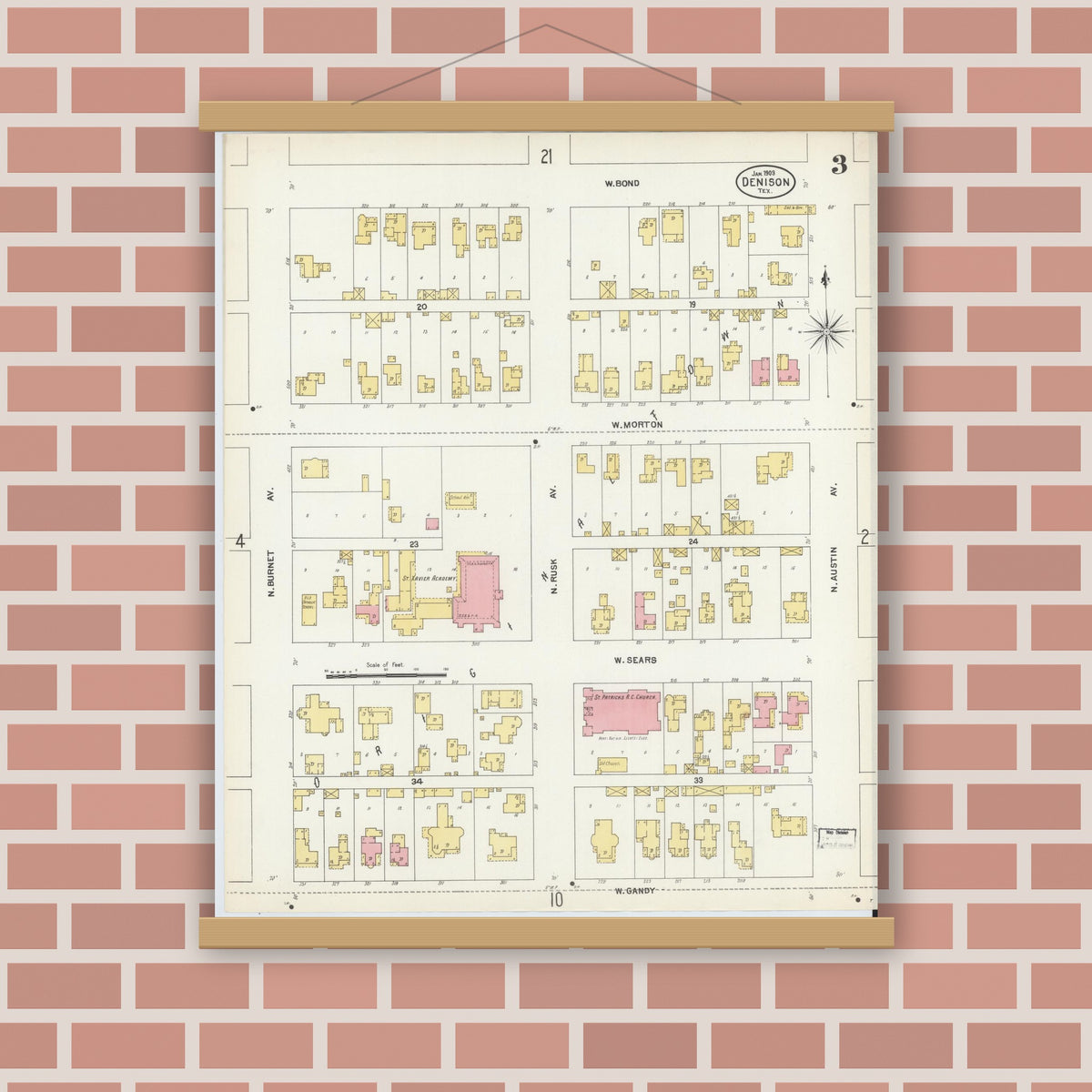 Old map wall art mockup — magnetic wood frame on brick wall — Sanborn Fire Insurance Map from Denison, Grayson County, Texas (1903), Sheet #0003