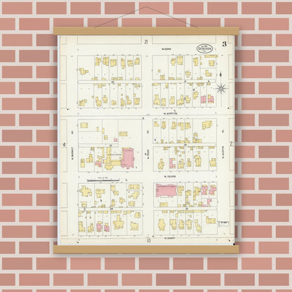 Old map wall art mockup — magnetic wood frame on brick wall — Sanborn Fire Insurance Map from Denison, Grayson County, Texas (1903), Sheet #0003