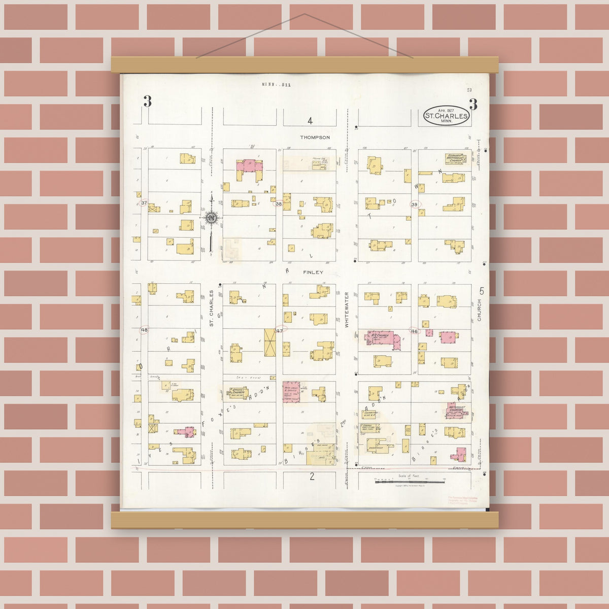 Old map wall art mockup — magnetic wood frame on brick wall — Sanborn Fire Insurance Map from Saint Charles, Winona County, Minnesota (1940), Sheet #0003