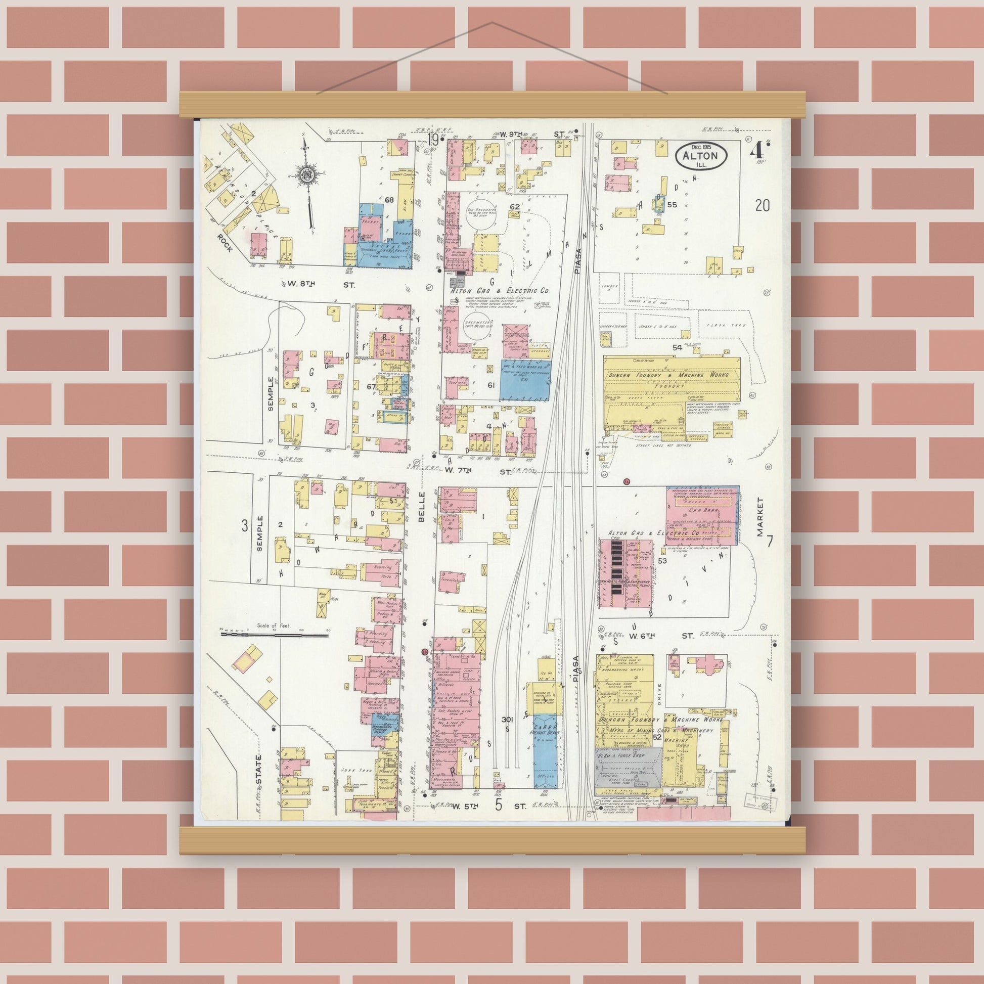 Old map wall art mockup — magnetic wood frame on brick wall — Sanborn Fire Insurance Map from Alton, Madison County, Illinois (1915), Sheet #0004