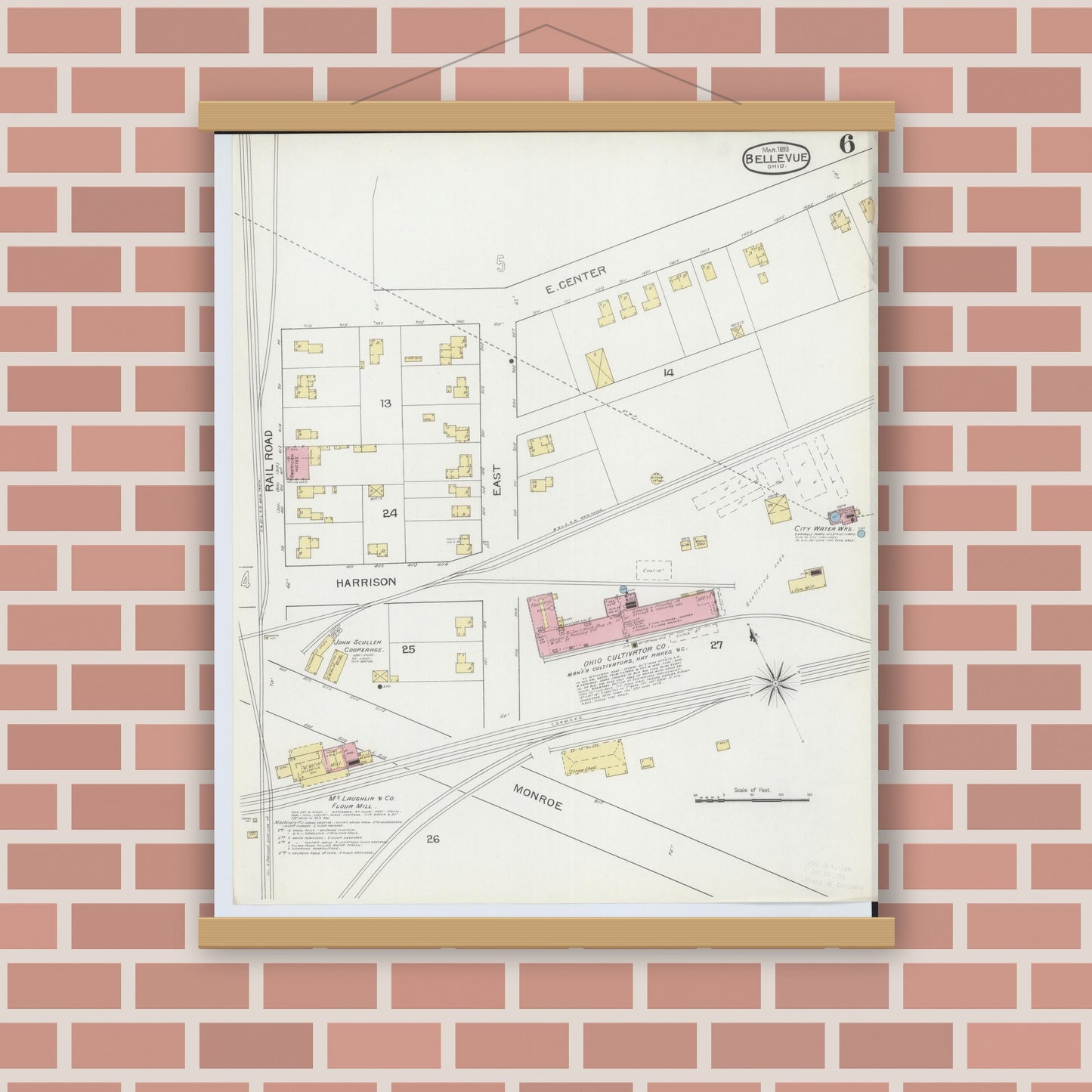 Old map wall art mockup — magnetic wood frame on brick wall — Sanborn Fire Insurance Map from Bellevue, Huron And Sandusky County, Ohio (1893), Sheet #0006