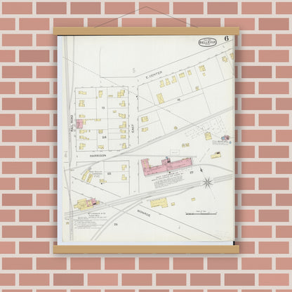 Old map wall art mockup — magnetic wood frame on brick wall — Sanborn Fire Insurance Map from Bellevue, Huron And Sandusky County, Ohio (1893), Sheet #0006