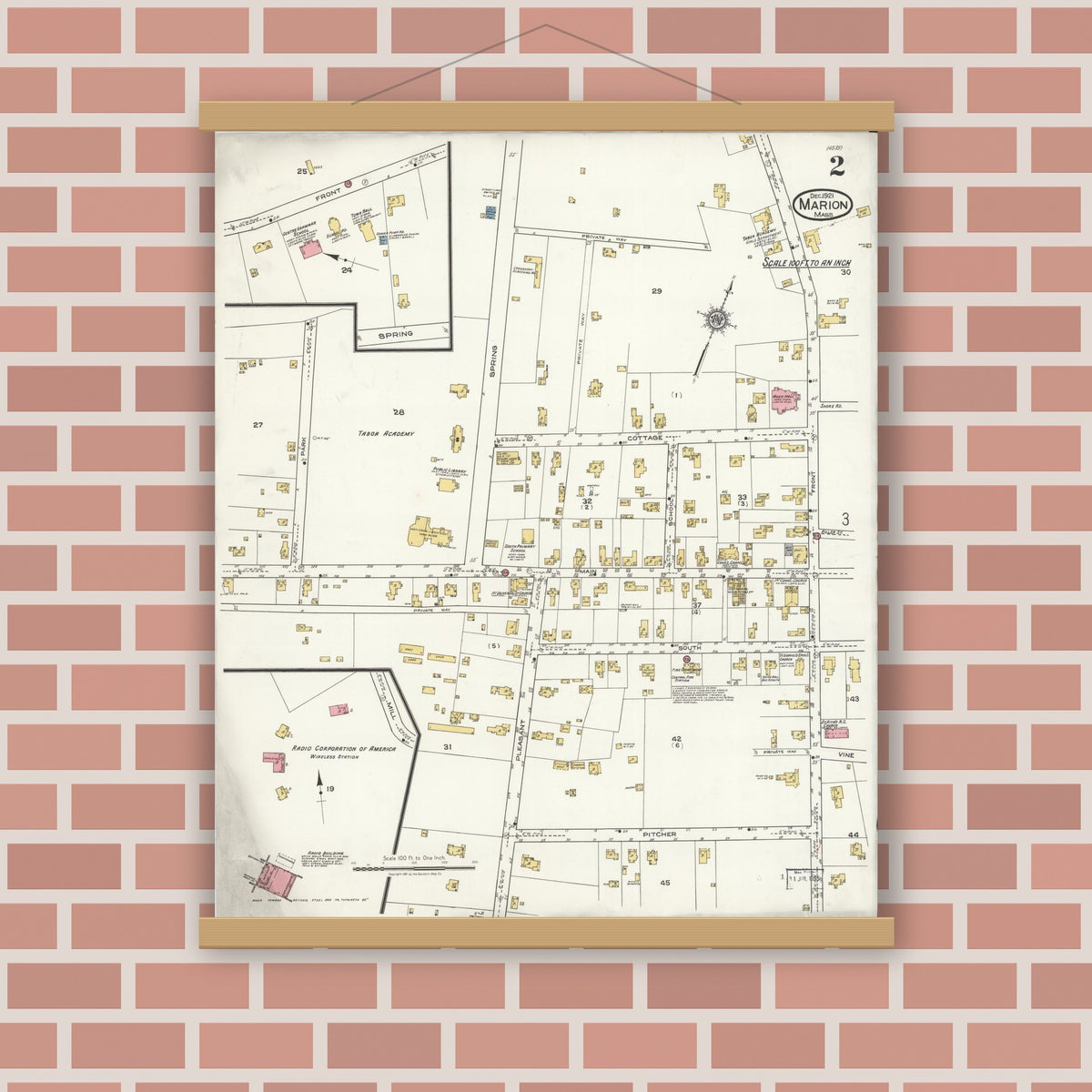 Old map wall art mockup — magnetic wood frame on brick wall — Sanborn Fire Insurance Map from Marion, Plymouth County, Massachusetts (1921), Sheet #0002