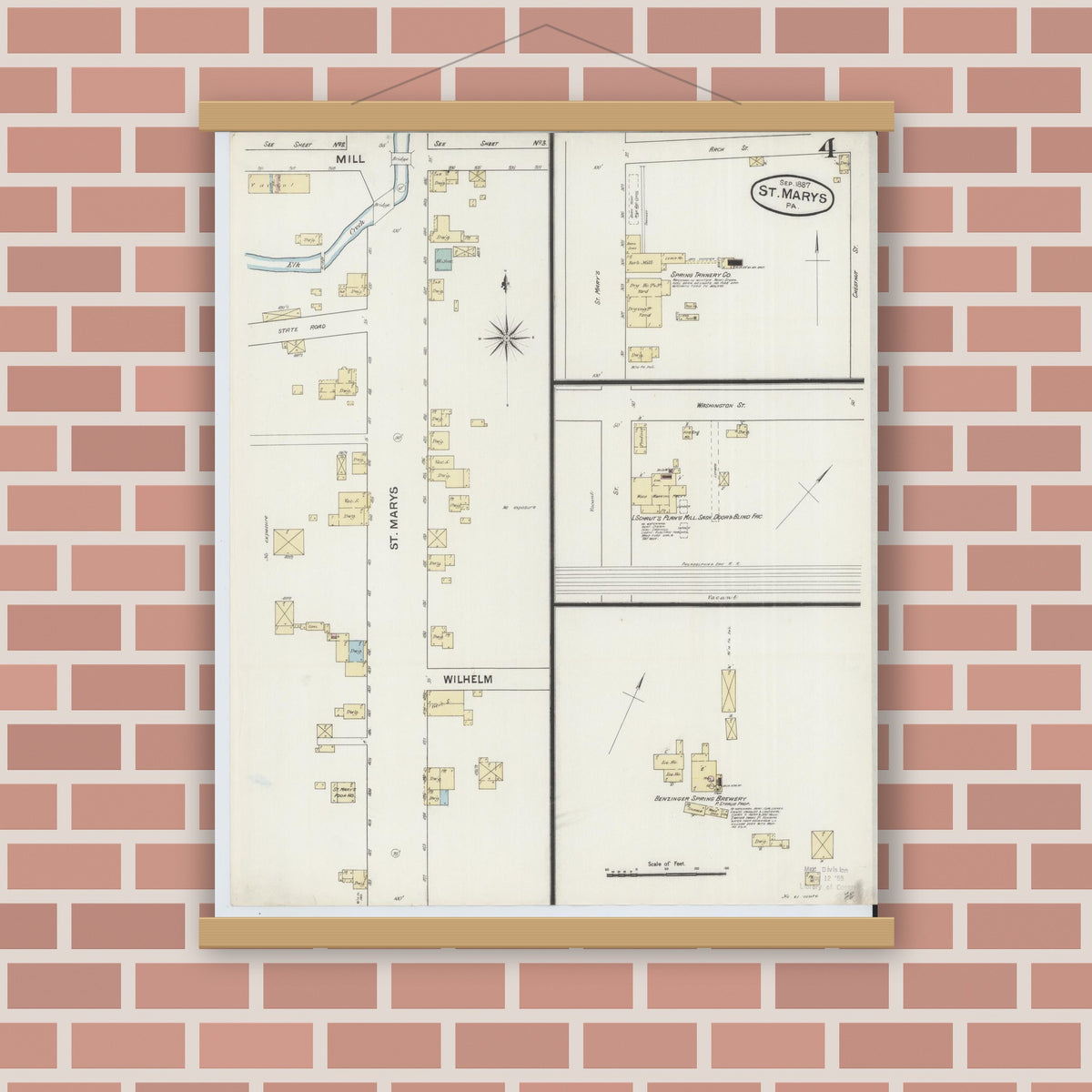 Old map wall art mockup — magnetic wood frame on brick wall — Sanborn Fire Insurance Map from Saint Marys, Elk County, Pennsylvania (1887), Sheet #0004