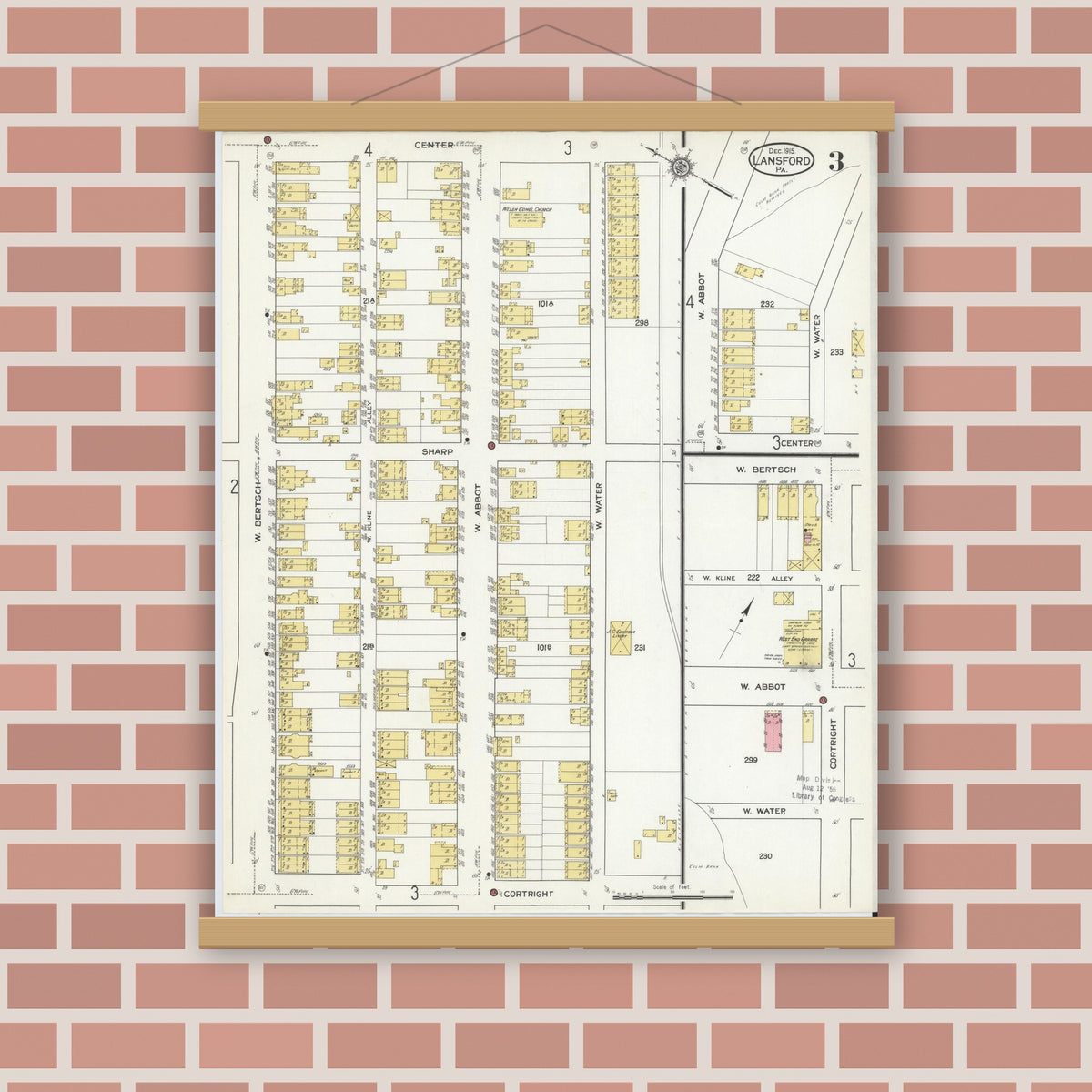 Old map wall art mockup — magnetic wood frame on brick wall — Sanborn Fire Insurance Map from Lansford, Carbon County, Pennsylvania (1915), Sheet #0003