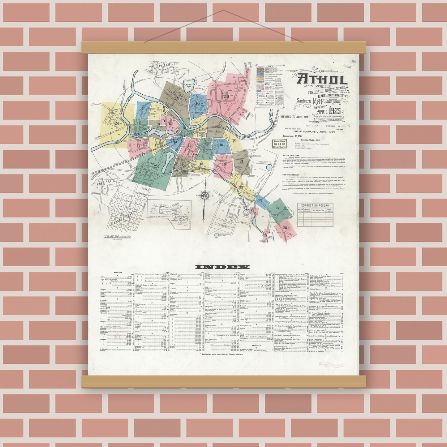 Old map wall art mockup — magnetic wood frame on brick wall — Sanborn Fire Insurance Map from Athol, Worcester County, Massachusetts (1936), Sheet #0001