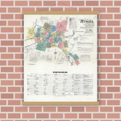 Old map wall art mockup — magnetic wood frame on brick wall — Sanborn Fire Insurance Map from Athol, Worcester County, Massachusetts (1936), Sheet #0001
