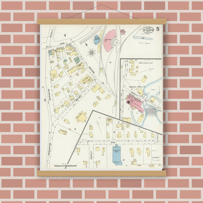 Old map wall art mockup — magnetic wood frame on brick wall — Sanborn Fire Insurance Map from Dedham, Norfolk County, Massachusetts (1897), Sheet #0005
