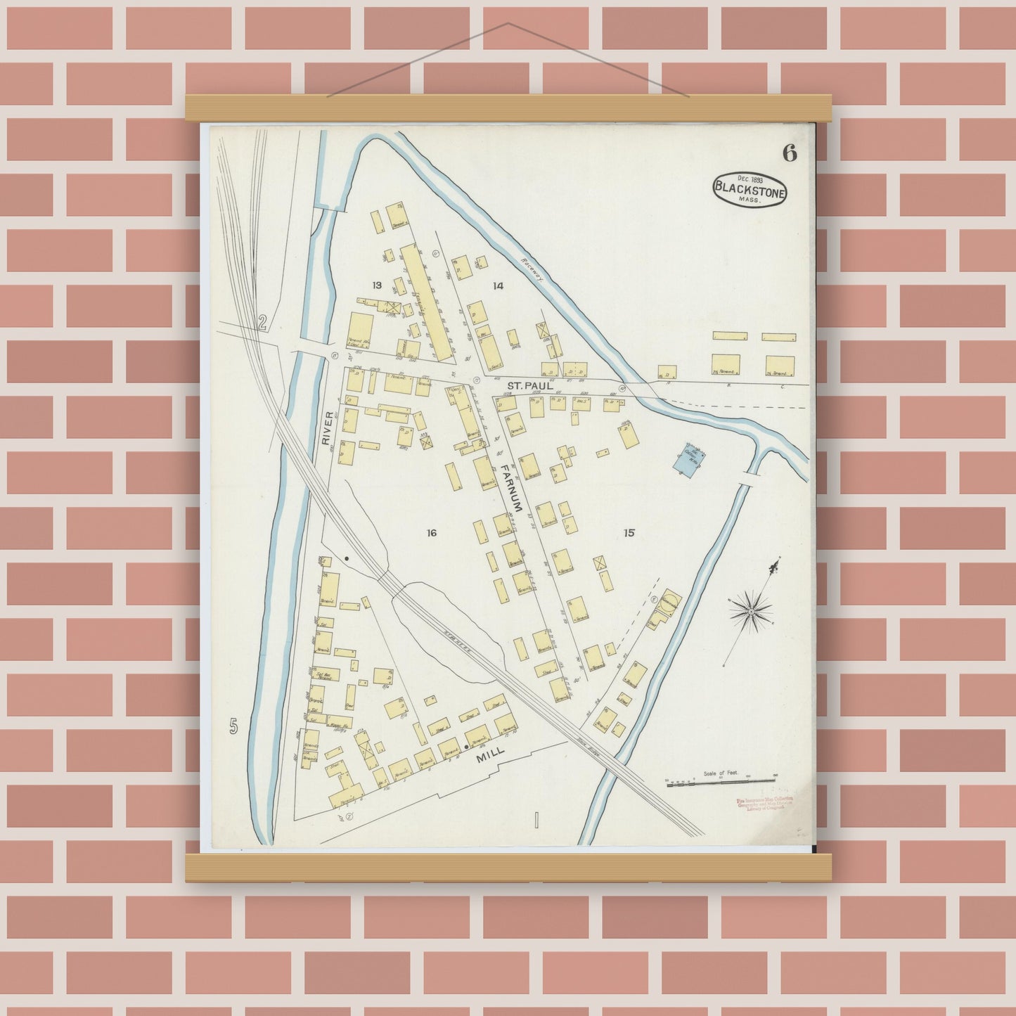 Old map wall art mockup — magnetic wood frame on brick wall — Sanborn Fire Insurance Map from Blackstone, Worcester County, Massachusetts (1893), Sheet #0006