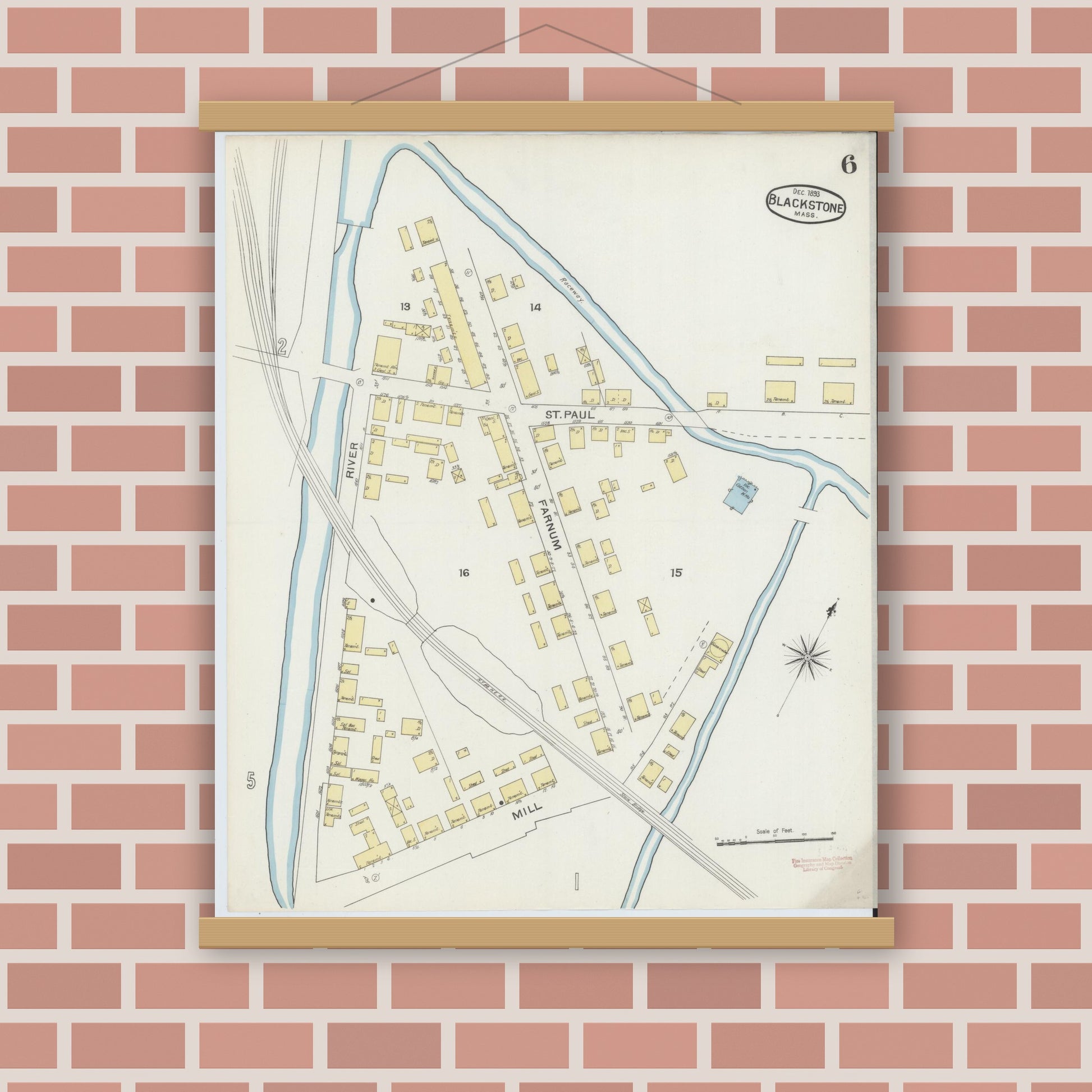 Old map wall art mockup — magnetic wood frame on brick wall — Sanborn Fire Insurance Map from Blackstone, Worcester County, Massachusetts (1893), Sheet #0006