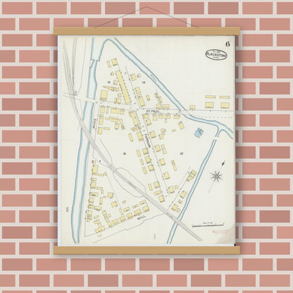 Old map wall art mockup — magnetic wood frame on brick wall — Sanborn Fire Insurance Map from Blackstone, Worcester County, Massachusetts (1893), Sheet #0006