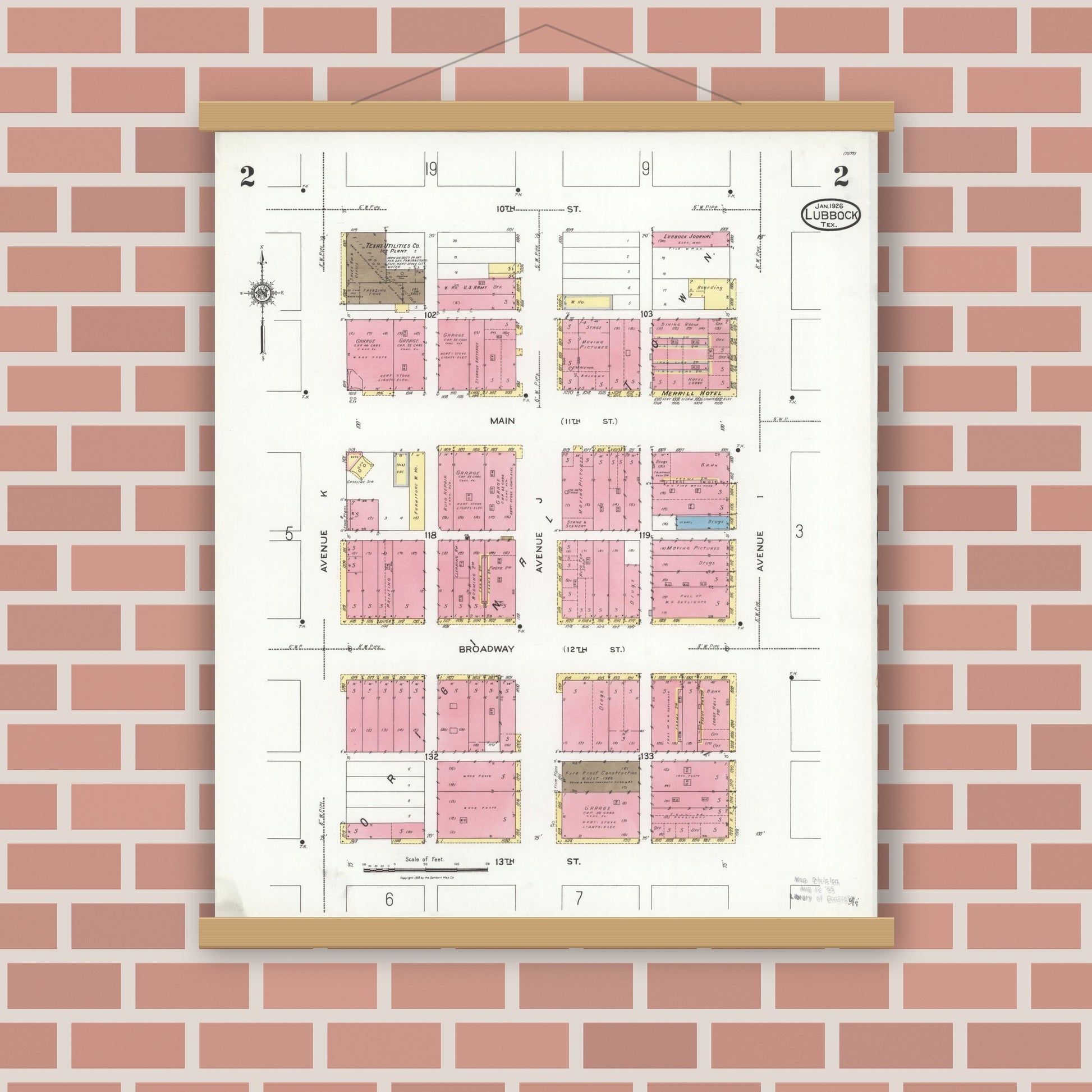 Old map wall art mockup — magnetic wood frame on brick wall — Sanborn Fire Insurance Map from Lubbock, Lubbock County, Texas (1926), Sheet #0002