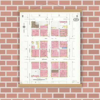 Old map wall art mockup — magnetic wood frame on brick wall — Sanborn Fire Insurance Map from Lubbock, Lubbock County, Texas (1926), Sheet #0002