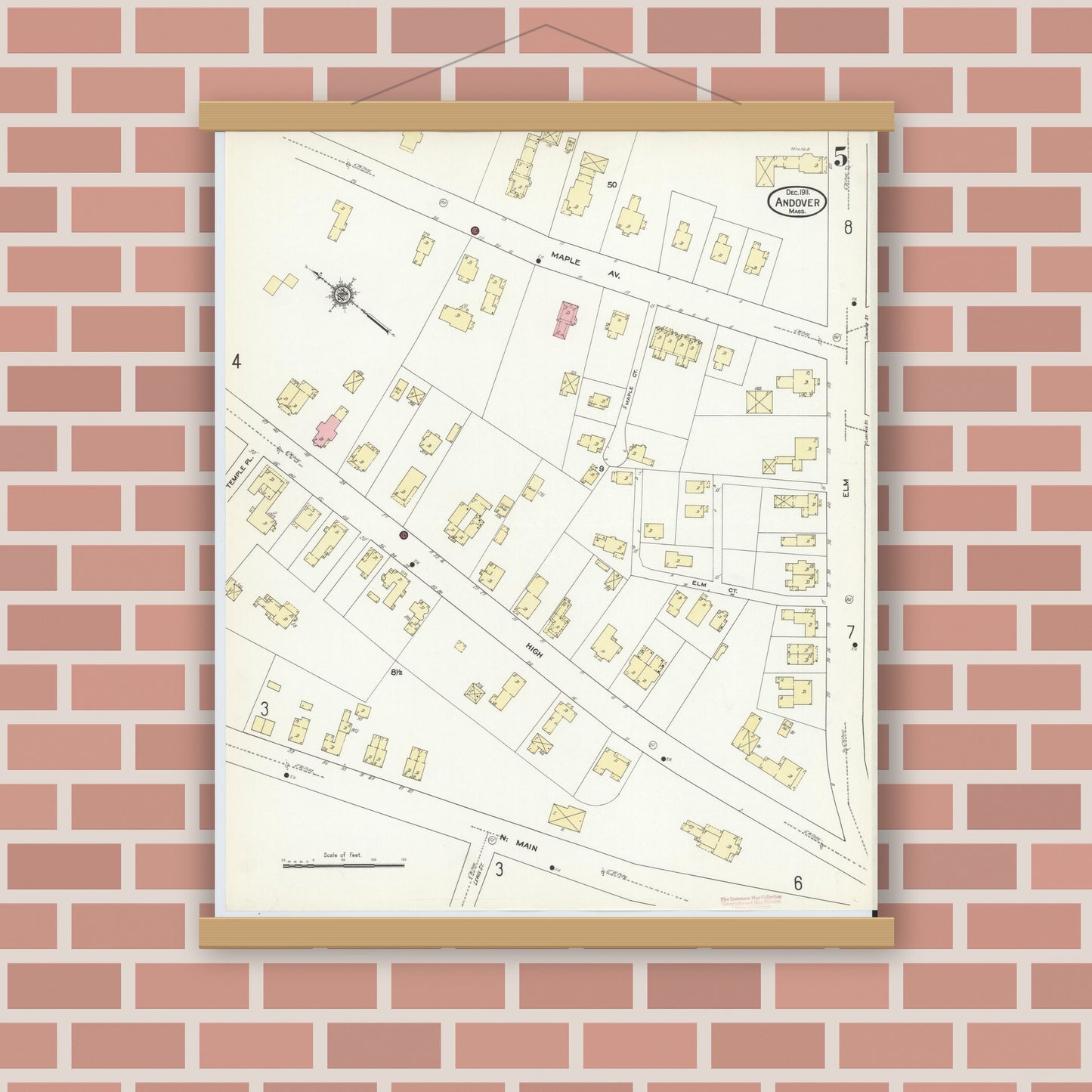 Old map wall art mockup — magnetic wood frame on brick wall — Sanborn Fire Insurance Map from Andover, Essex County, Massachusetts (1911), Sheet #0005