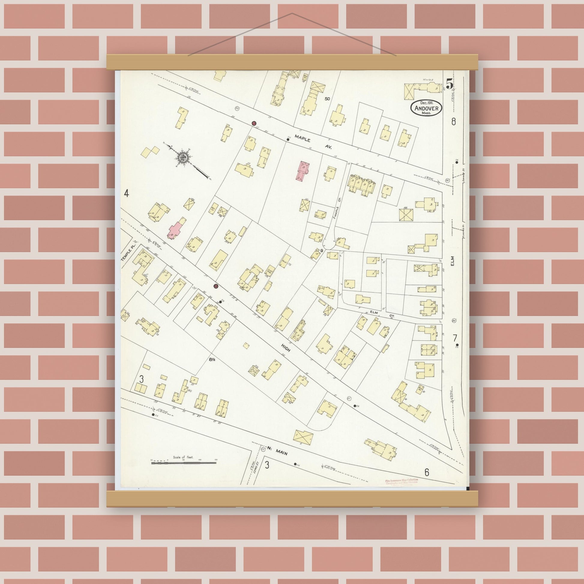 Old map wall art mockup — magnetic wood frame on brick wall — Sanborn Fire Insurance Map from Andover, Essex County, Massachusetts (1911), Sheet #0005