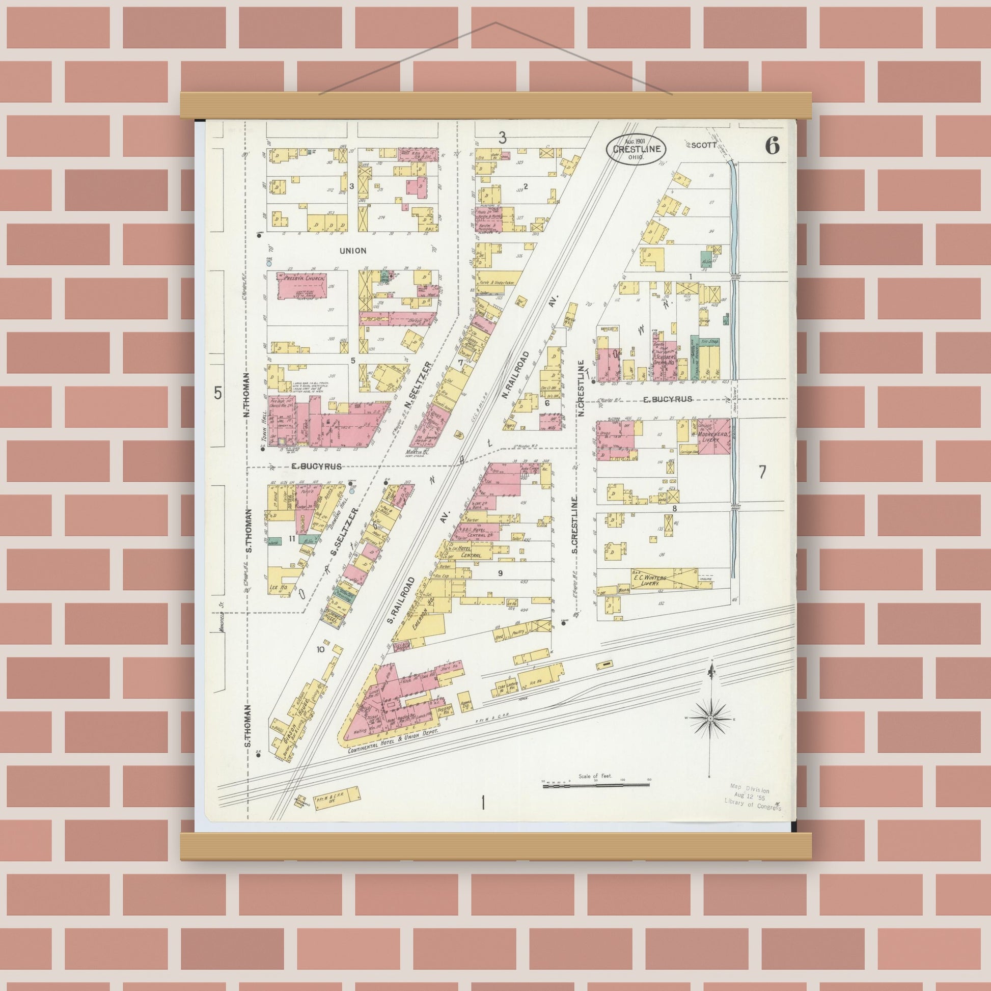 Old map wall art mockup — magnetic wood frame on brick wall — Sanborn Fire Insurance Map from Crestline, Crawford County, Ohio (1901), Sheet #0006