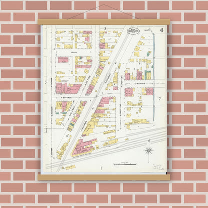 Old map wall art mockup — magnetic wood frame on brick wall — Sanborn Fire Insurance Map from Crestline, Crawford County, Ohio (1901), Sheet #0006