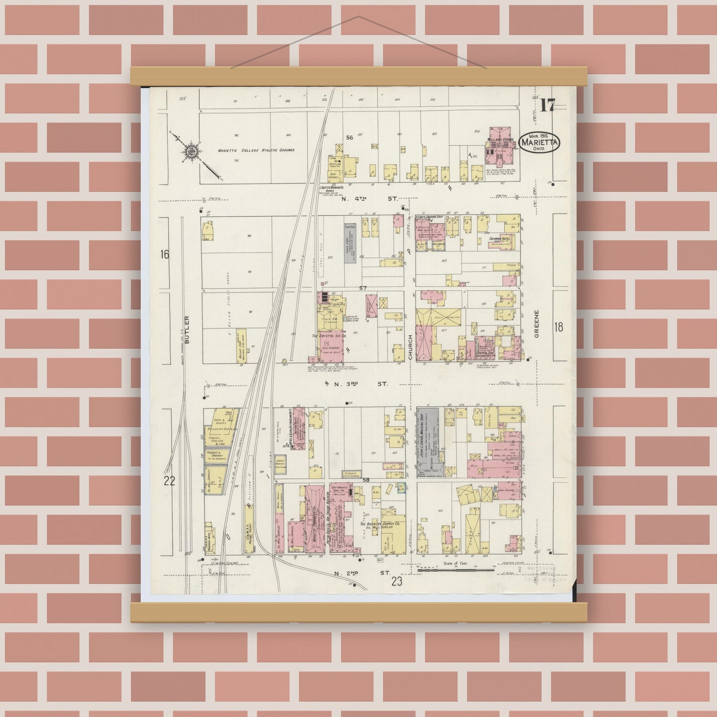 Old map wall art mockup — magnetic wood frame on brick wall — Sanborn Fire Insurance Map from Marietta, Washington County, Ohio (1915), Sheet #0017