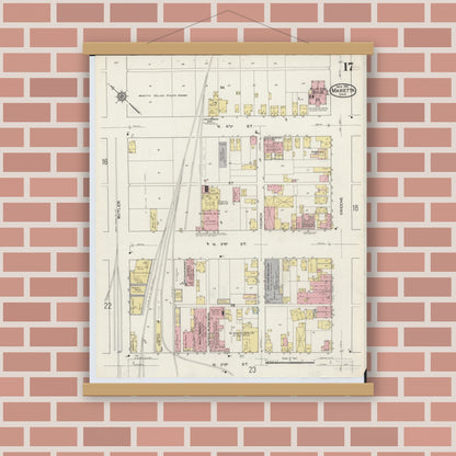 Old map wall art mockup — magnetic wood frame on brick wall — Sanborn Fire Insurance Map from Marietta, Washington County, Ohio (1915), Sheet #0017