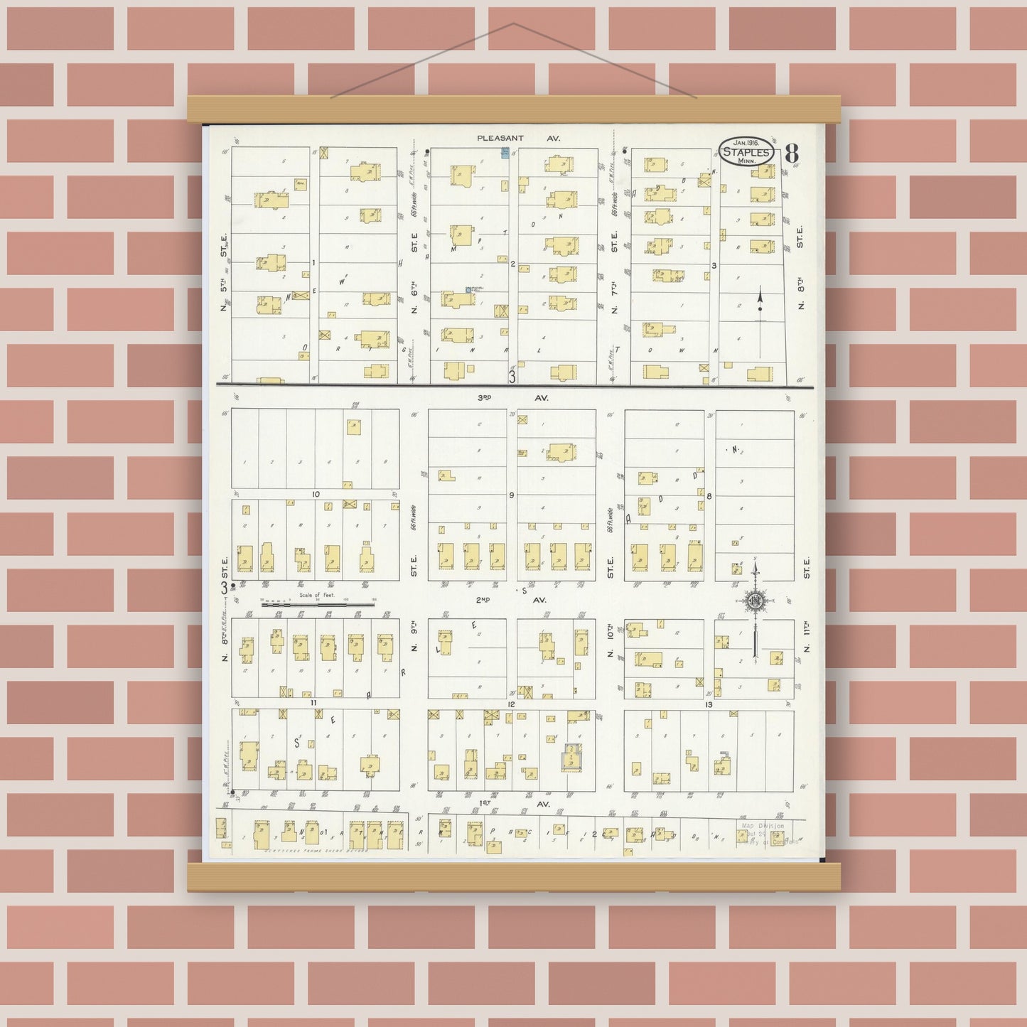 Old map wall art mockup — magnetic wood frame on brick wall — Sanborn Fire Insurance Map from Staples, Todd County, Minnesota (1916), Sheet #0008