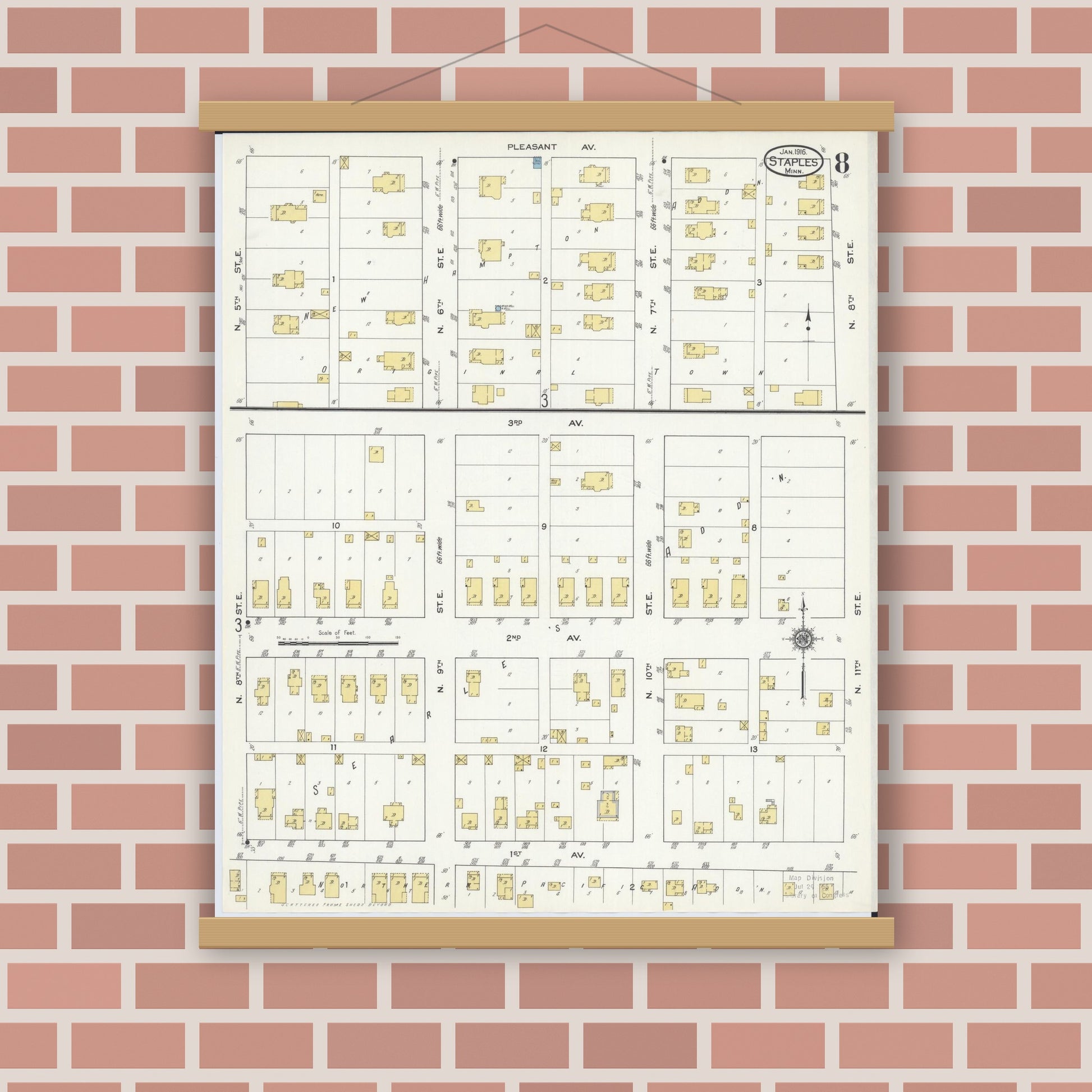 Old map wall art mockup — magnetic wood frame on brick wall — Sanborn Fire Insurance Map from Staples, Todd County, Minnesota (1916), Sheet #0008