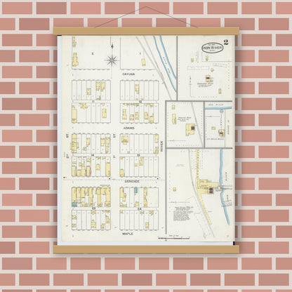 Old map wall art mockup — magnetic wood frame on brick wall — Sanborn Fire Insurance Map from Iron River, Iron County, Michigan (1892), Sheet #0002
