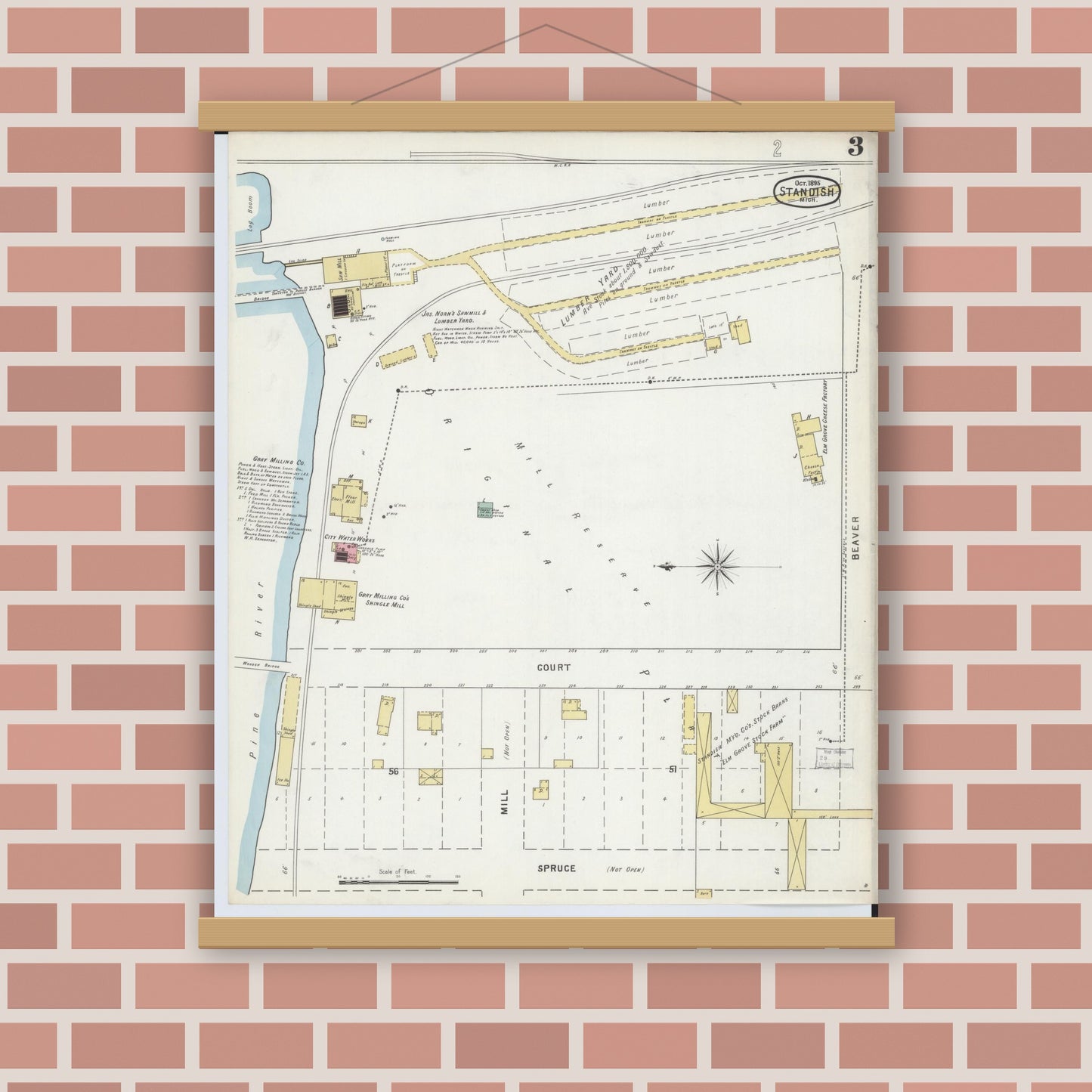 Old map wall art mockup — magnetic wood frame on brick wall — Sanborn Fire Insurance Map from Standish, Arenac County, Michigan (1895), Sheet #0003