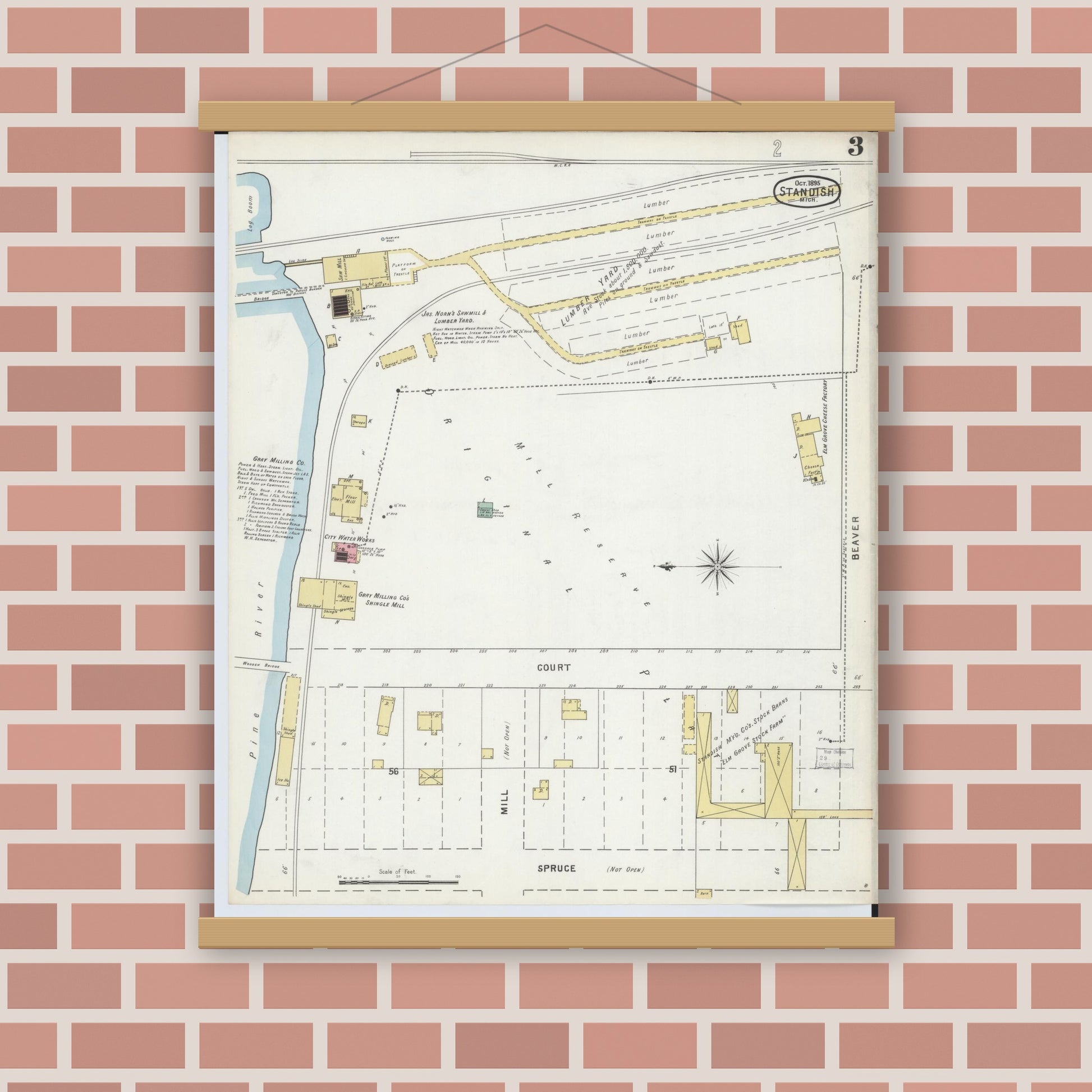 Old map wall art mockup — magnetic wood frame on brick wall — Sanborn Fire Insurance Map from Standish, Arenac County, Michigan (1895), Sheet #0003