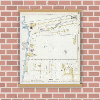 Old map wall art mockup — magnetic wood frame on brick wall — Sanborn Fire Insurance Map from Standish, Arenac County, Michigan (1895), Sheet #0003