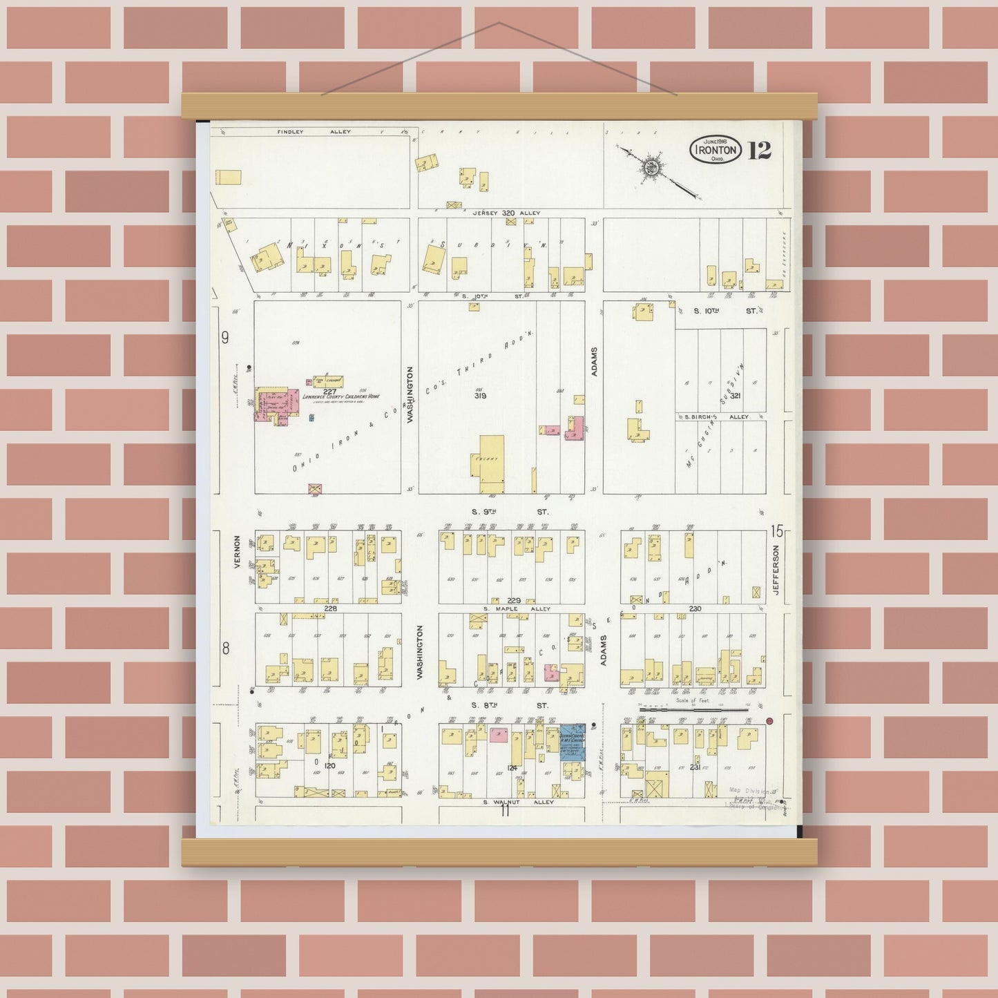 Old map wall art mockup — magnetic wood frame on brick wall — Sanborn Fire Insurance Map from Ironton, Lawrence County, Ohio (1916), Sheet #0012
