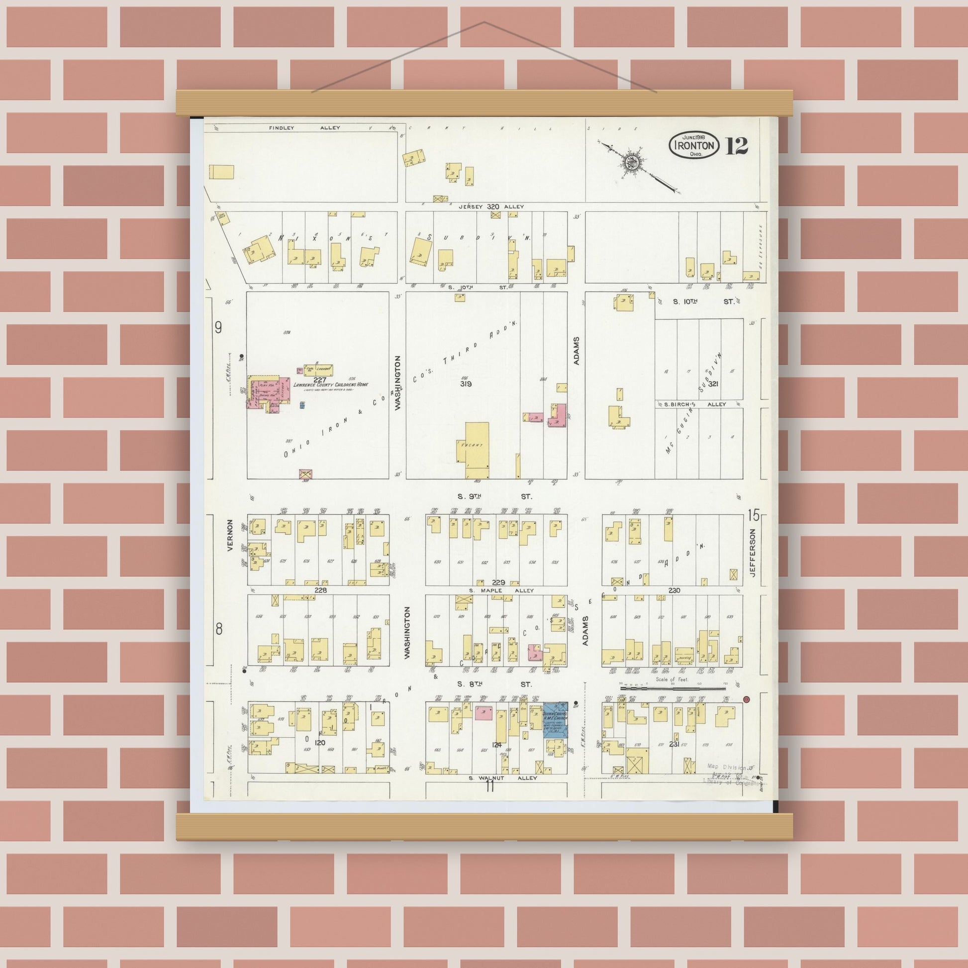 Old map wall art mockup — magnetic wood frame on brick wall — Sanborn Fire Insurance Map from Ironton, Lawrence County, Ohio (1916), Sheet #0012