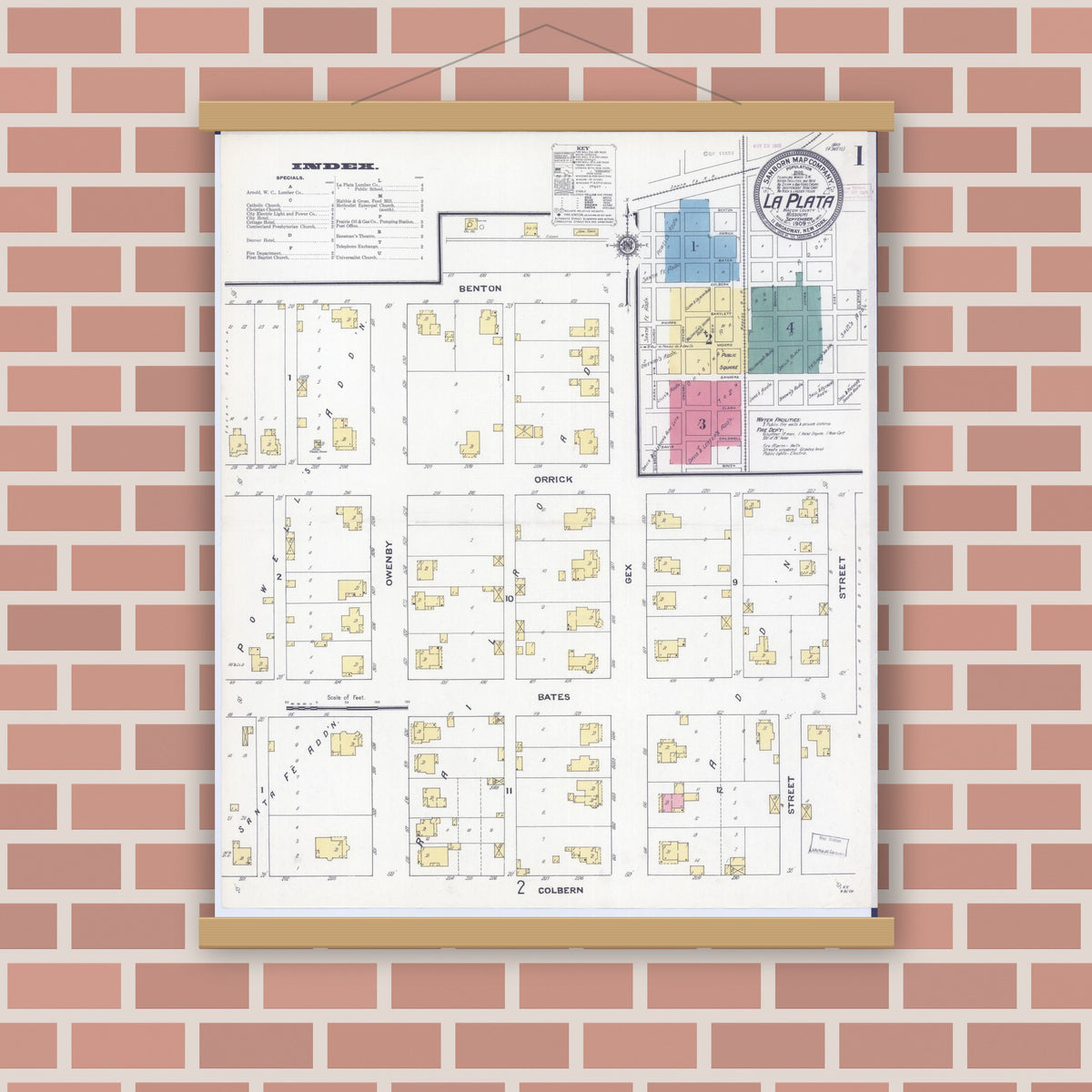Old map wall art mockup — magnetic wood frame on brick wall — Sanborn Fire Insurance Map from La Plata, Macon County, Missouri (1909), Sheet #0001