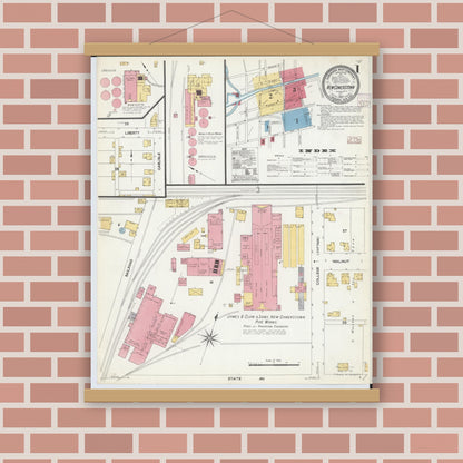 Old map wall art mockup — magnetic wood frame on brick wall — Sanborn Fire Insurance Map from Newcomerstown, Tuscarawas County, Ohio (1907) - Complete Map Set