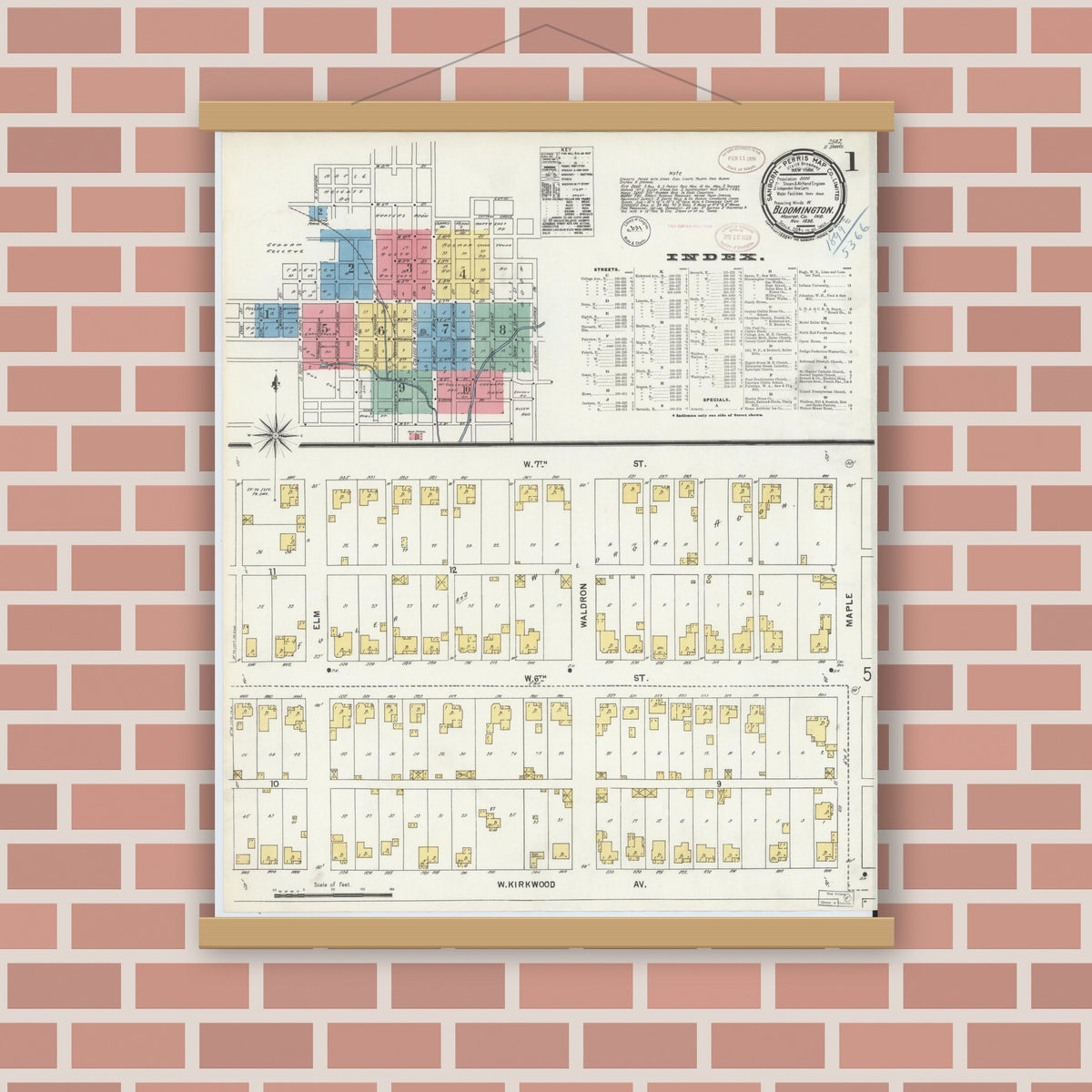 Old map wall art mockup — magnetic wood frame on brick wall — Sanborn Fire Insurance Map from Bloomington, Monroe County, Indiana (1898) - Complete Map Set