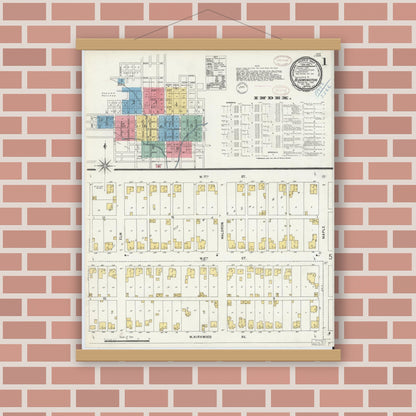 Old map wall art mockup — magnetic wood frame on brick wall — Sanborn Fire Insurance Map from Bloomington, Monroe County, Indiana (1898) - Complete Map Set