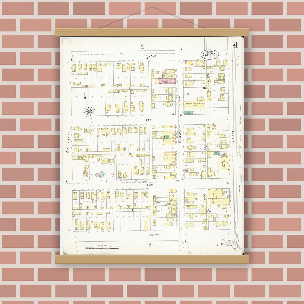 Old map wall art mockup — magnetic wood frame on brick wall — Sanborn Fire Insurance Map from Clinton, Clinton County, Iowa (1897), Sheet #0004